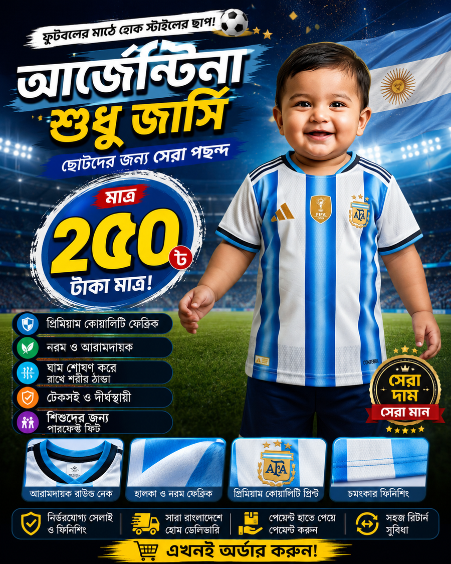 ARGENTINA WORLD CUP HOME 2026 FULL BODY PRINT PREMIUM QUALITY KIDS JERSEY WITHOUT PANT