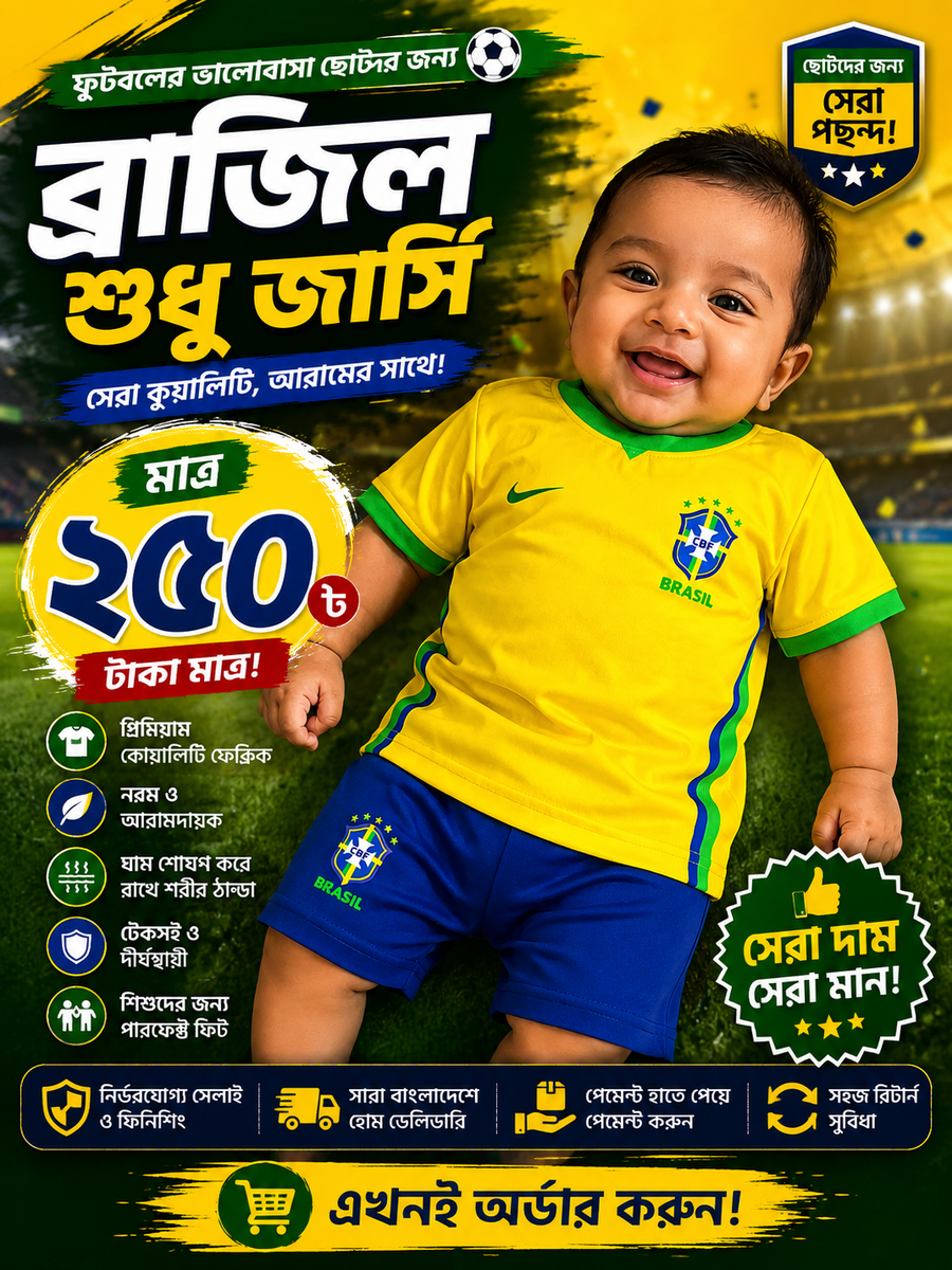 BRAZIL WORLD CUP HOME 2026 FULL BODY PRINT PREMIUM QUALITY KIDS JERSEY WITHOU PANT